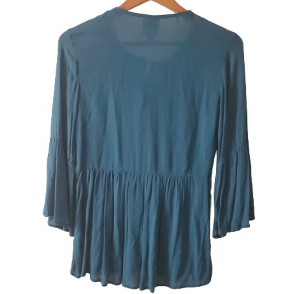 Knox Rose Womens XS Boho Top Lg Bell Sleeve Embroidered W/ Tassels Blue Green - Picture 2 of 13
